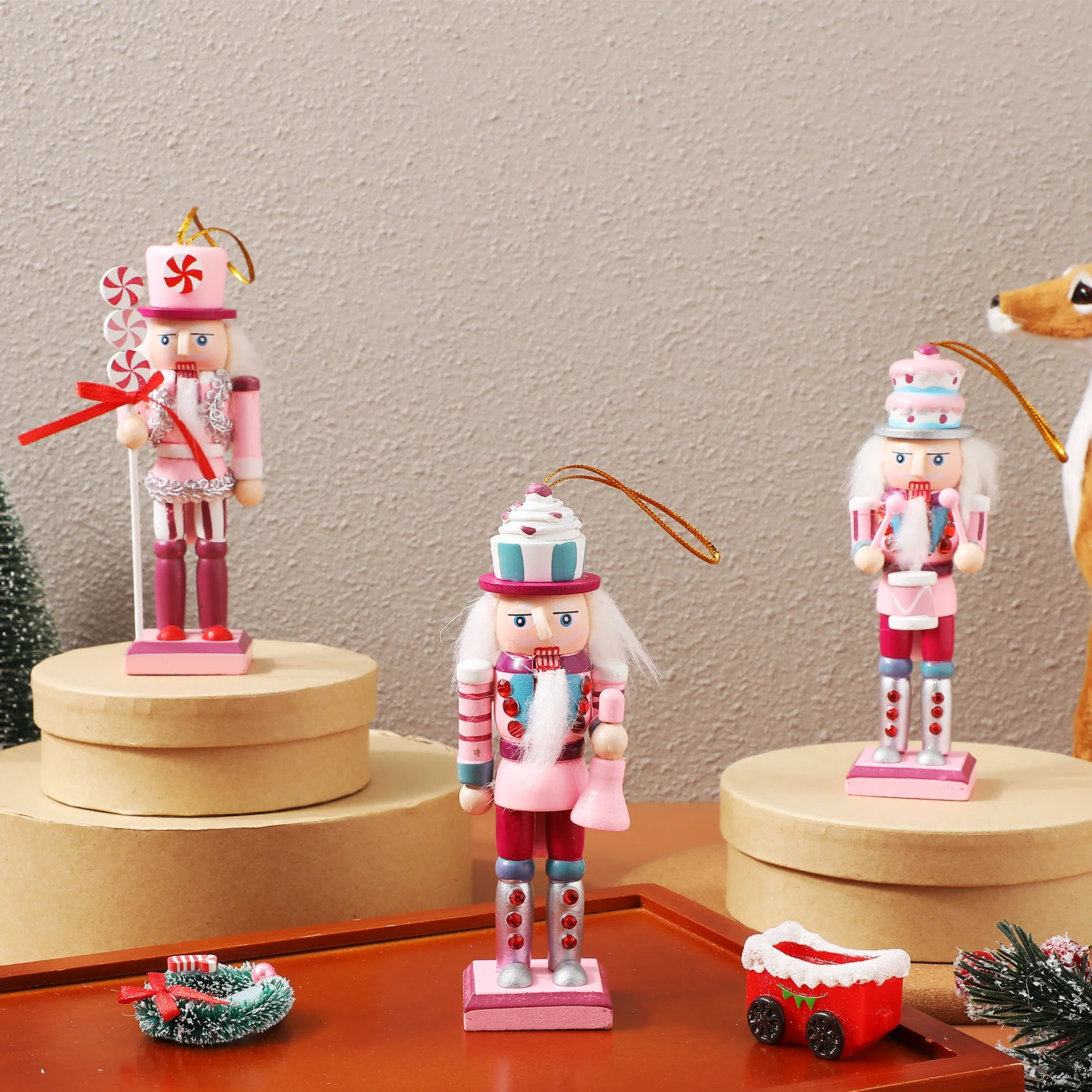 

3pcs Nutcracker Christmas Decor Wooden Hanging Ornament For Tree Home Xmas Decoration Indoor Desktop Statue Festival Scene