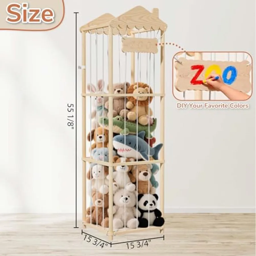 AMBIRD Stuffed Animal Storage, Wood Stuffed Animal Zoo Holder, Large Toy Organizers, Plushies Storage for Boys Girls Bedroom, P