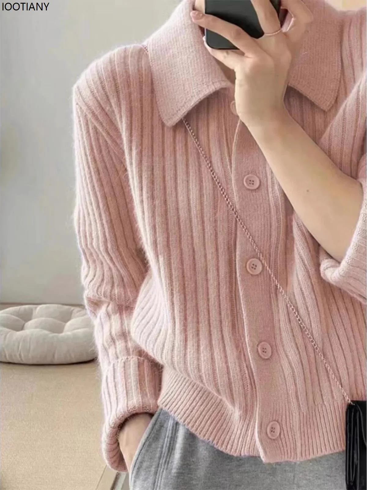 

2026 New Women's Fashionable And Elegant Lapel 100% Pure Cashmere Knit Cardigan Shirt Warm Top Loose Sweater Wool Coat