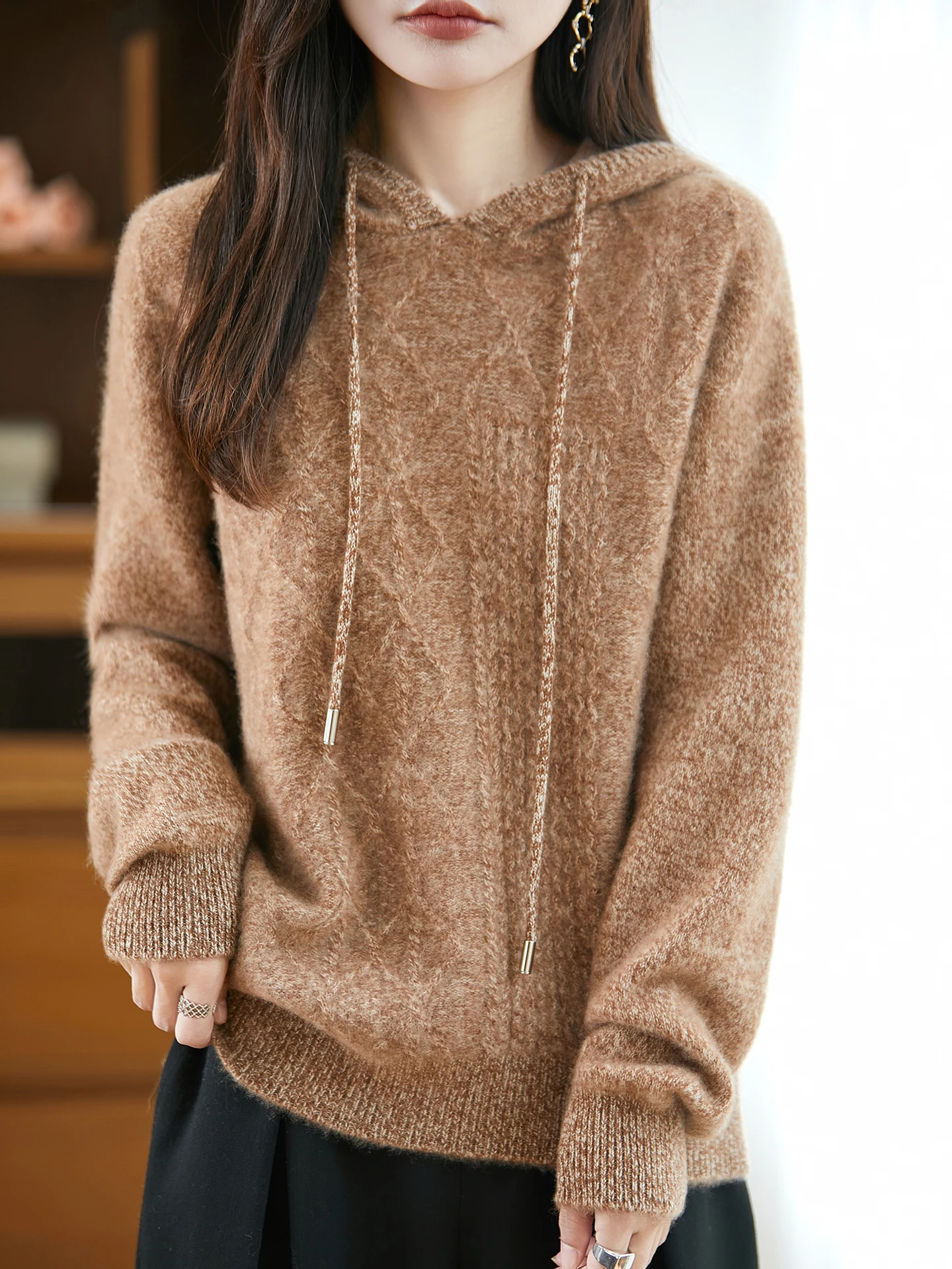 

Новый женский свитер из 100% мериносовой шерсти, однотонный вязаный толстый пуловер с капюшоном, осенне-зимняя повседневная одежда, теплый удобный топ