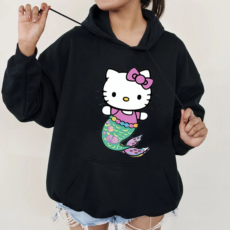 Mermaid Hello Kitty Print Women's Casual Hoodies Sports Sweatshirt Loose Tops