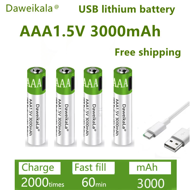 Baterias USB Recarregáveis AA AAA Li-ion, 1.5V, 3000 mAh, para Controle Remoto, Mouse, Brinquedo Elétrico, Bateria, Cabo Tipo-C