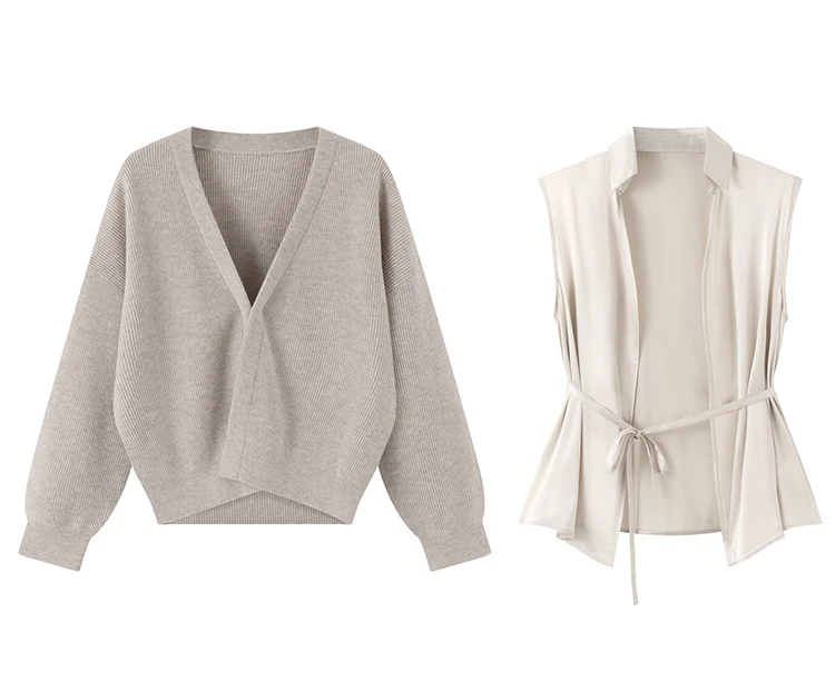 BD4521254 Damen Woll-Cardigan Pullover Seidenhemd Mehrlagig V-Ausschnitt Offen Vorne Langarm Strickoberteil Herbst Winter Alltag – Detail 15