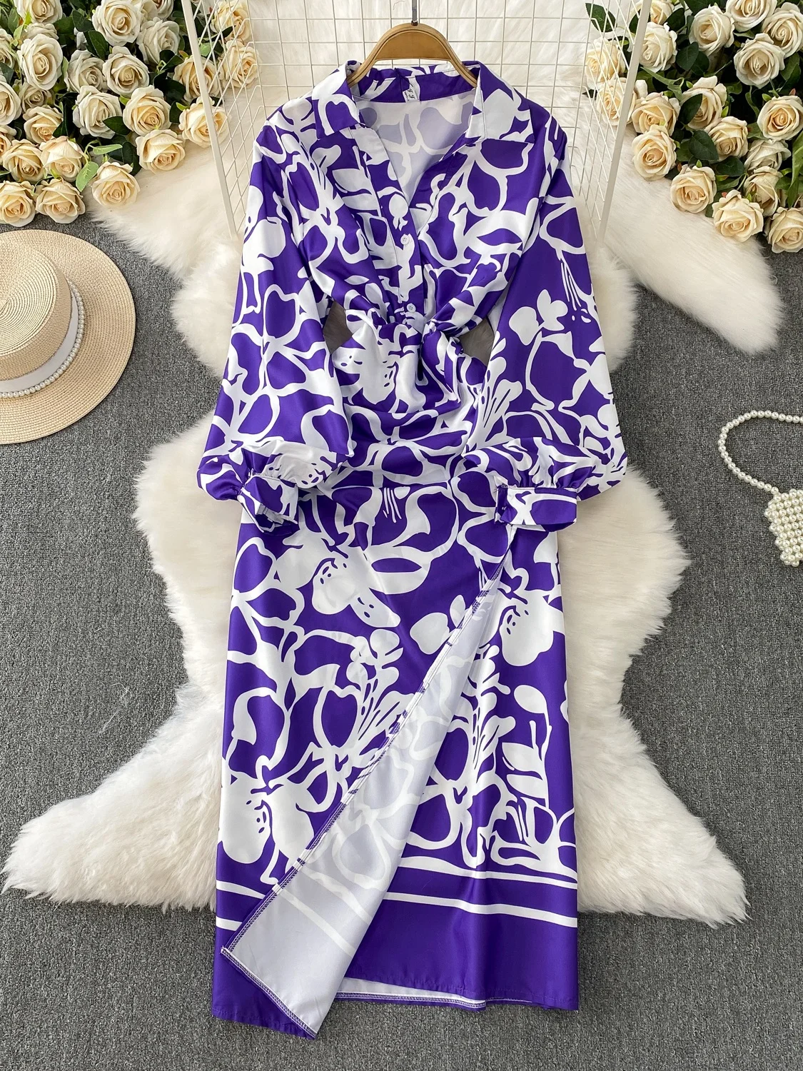 Sukienka damska letnia, wyszczuplająca, z wysokim stanem, w kształcie litery A, midi, z rozcięciem, z kwiatowym wzorem, dekolt w serek, długi rękaw, styl koreański.