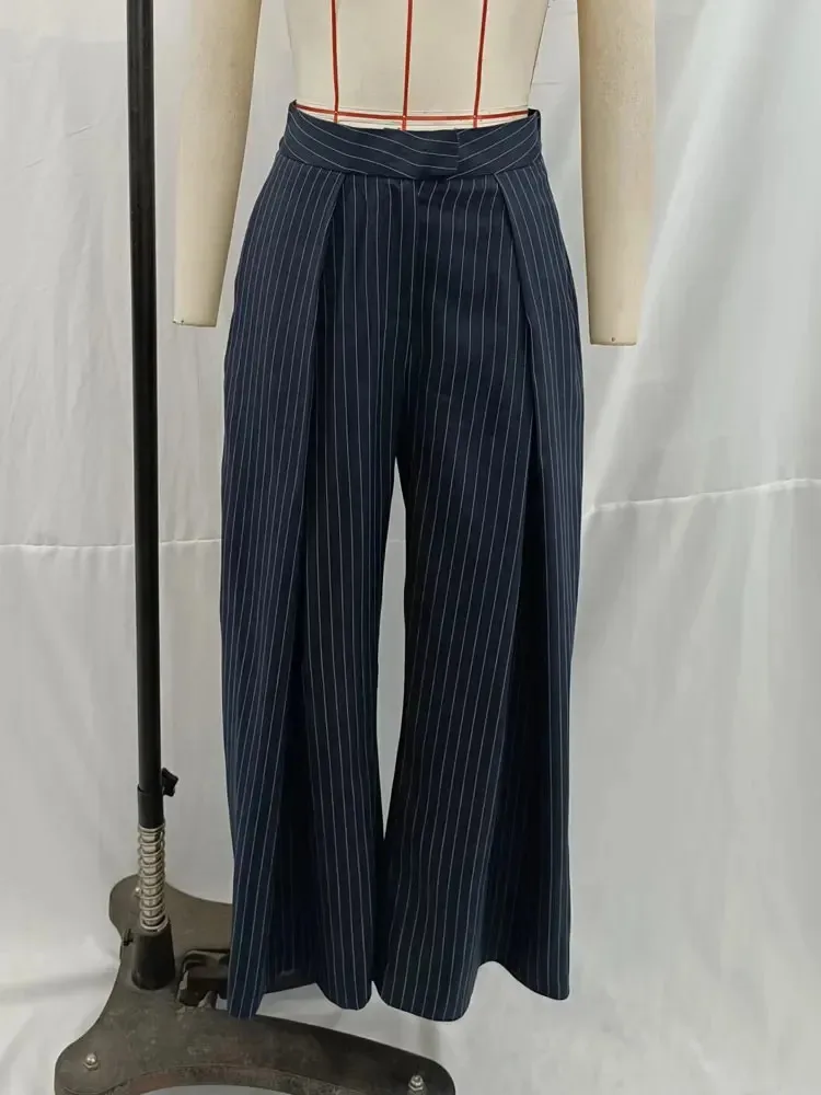 

HH Women Autumn Fashion Vintage Wide-leg Long Pants Female High Waist Striped Pleated Pocket Design Loose Casual Trousers