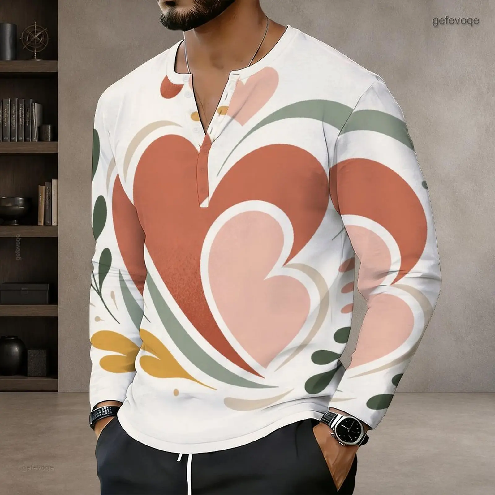 Men Long Sleeve T Shirt Print V Neck Casual Tops Fashion Loose Pullover Daily Wear Shirts