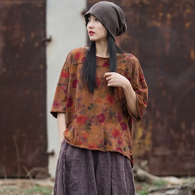 

Новое поступление для женщин, лето 2025 года, винтажный стиль, свободные женские топы высокого качества с круглым вырезом и принтом, футболки M259, повседневные футболки из 100% хлопка