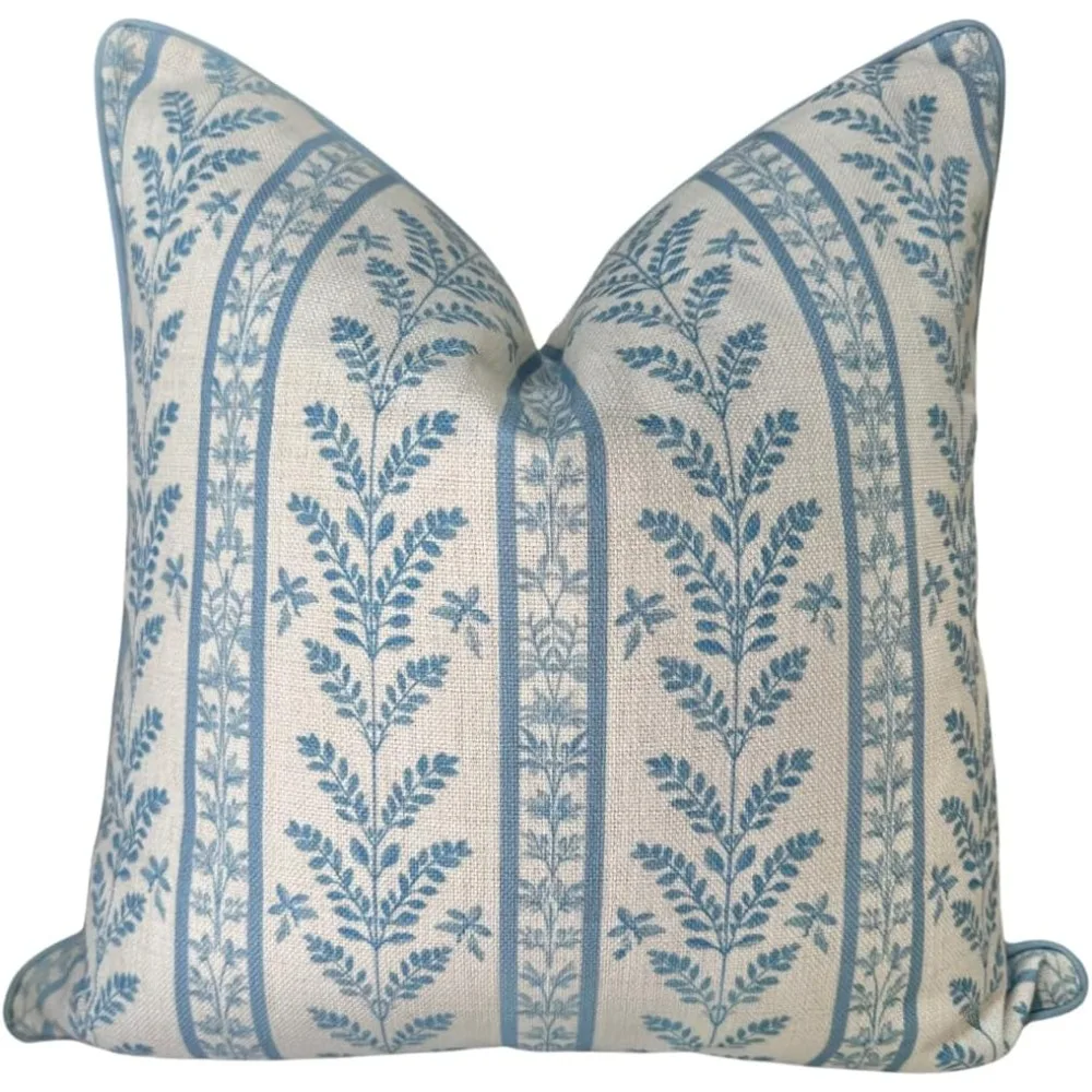 

Blue Floral Block Print Pillowcase - Decorative Throw Pillow Cover with Off-White Background - Grandmillennial Home