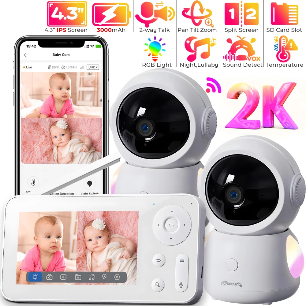 2K 3MP WiFi Baby Monitor with Two Camera Split-Screen Baby Phone via APP Control & 4.3