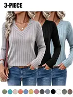 Women's 3-Pack Ribbed Knit V-Neck Sweaters Tops New Fall Fashion 2026 for Women 3