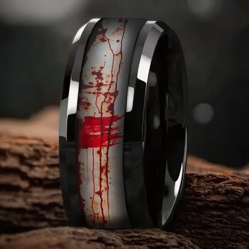

2026 New Blood Texture Ring Stainless Steel Black Electroplated Fadeless Finger Ring Fashion Trendy Single Band Jewelry