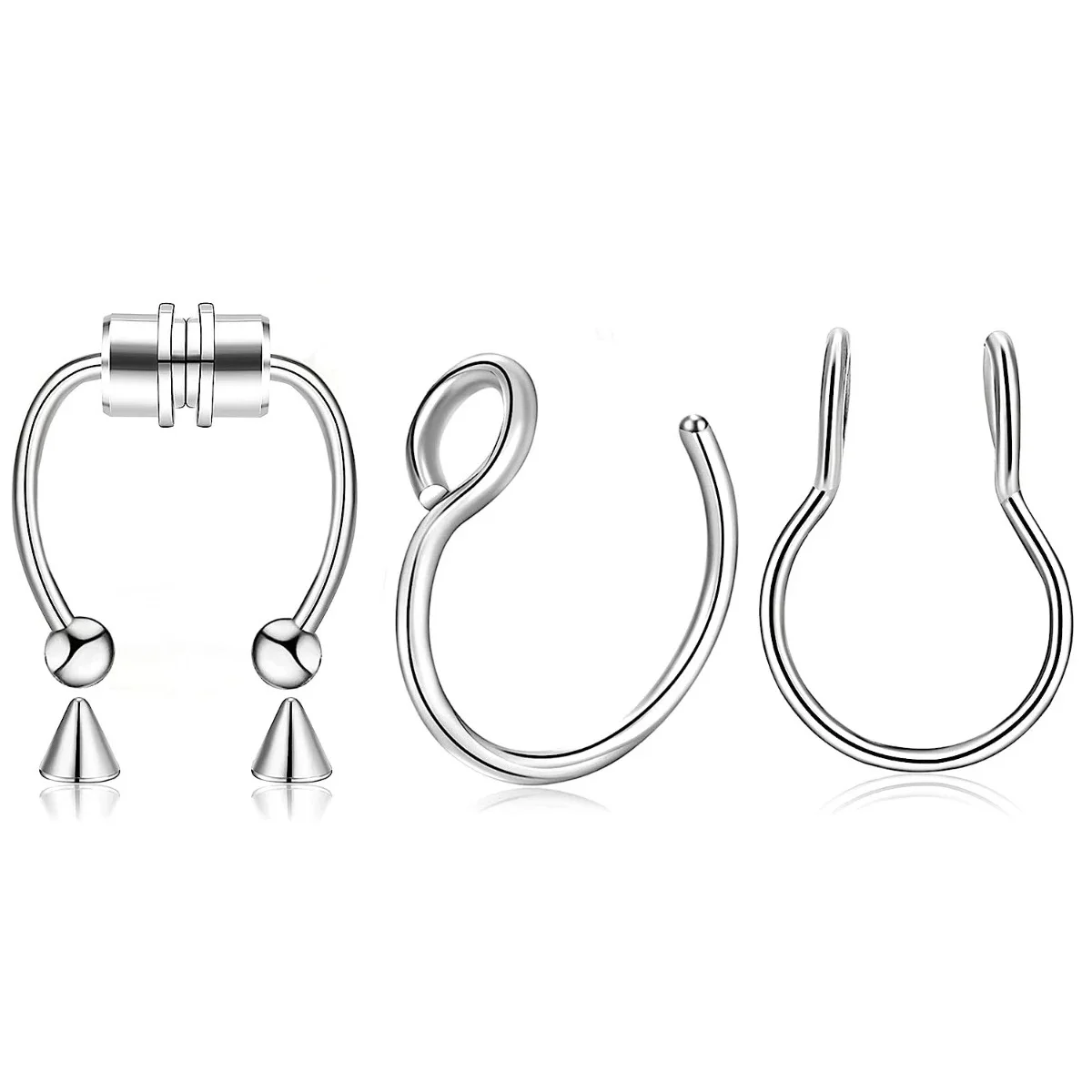 3/24pcs 패션 316L 스테인레스 스틸 가짜 자기 Septum 코 후프 링, 코 링에 말굽 클립 No-Pierced Septum Ring