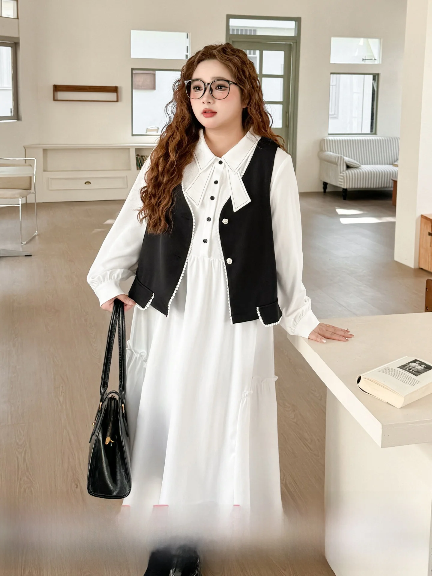 

Комплект из двух предметов: жилет и платье в стиле ретро для колледжа, весенний сезон, корейский стиль, свободный крой, большие размеры