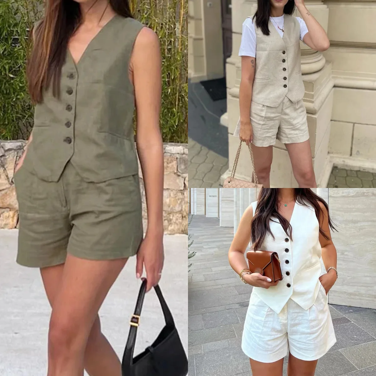 TRAF Women Elegant Solid Waistcoat Shorts Set 2024 Sleeveless Vest Top+High Waist Slim Shorts Lady Office Casual 2 Pieces Set