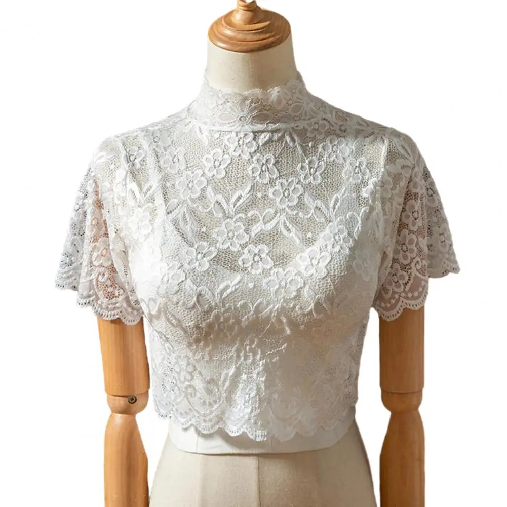 

Half High Collar Short Sleeve Fake Collar See-through Crochet Flower Pattern Lace Bottoming High Collar Top Clothing Accessories