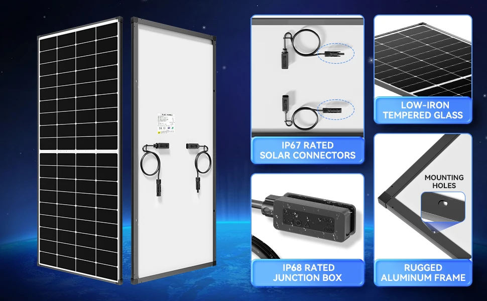 RVPOZWER 300W Solar Panel 10BB N-Type Monocrystalline 25% High Efficiency for RV Home Rooftop Off Grid Systems