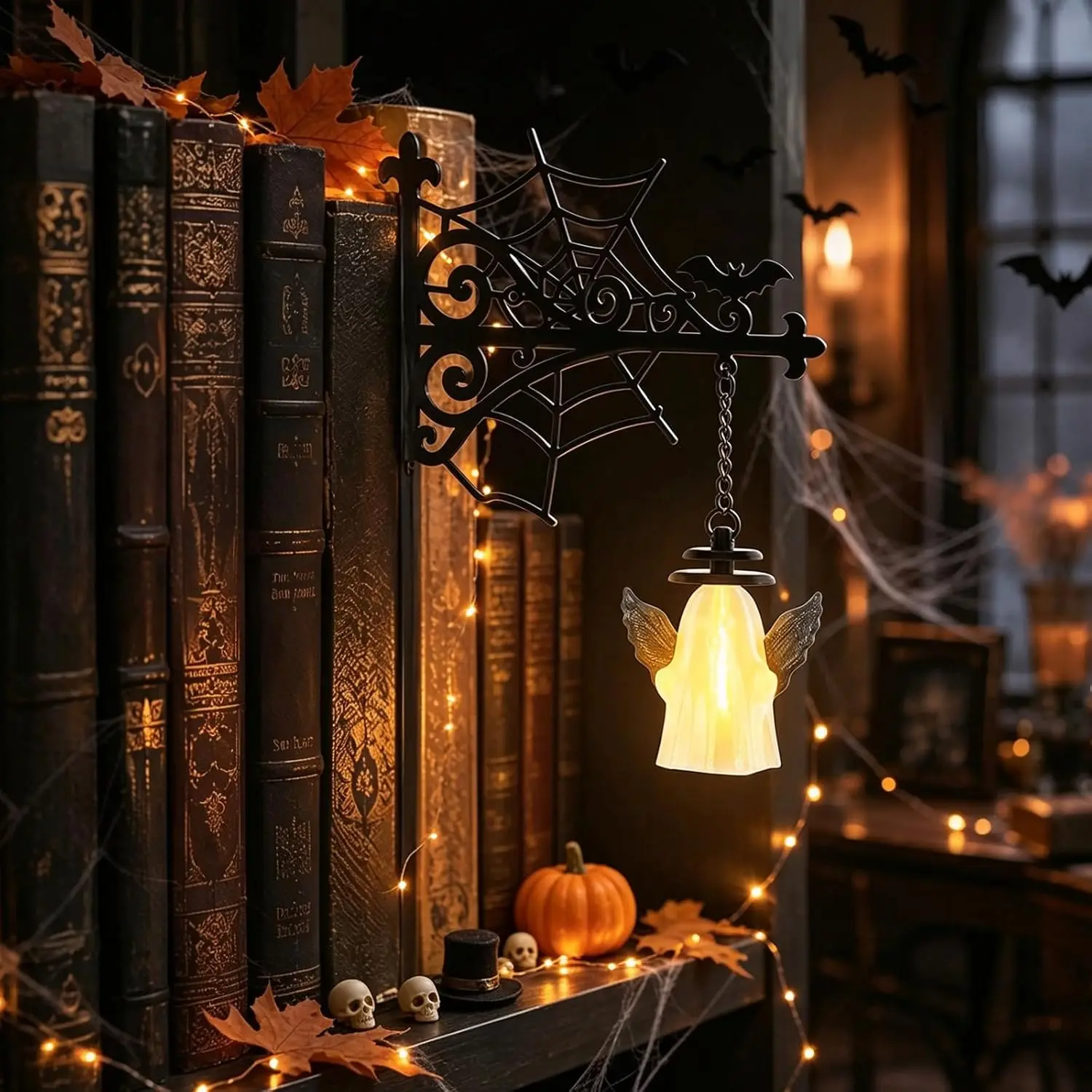 Bookshelf Lamp Vintage Library Lantern Hanging LED with Bookend Base Warm Light for Book Nook Study Home Decor Halloween Gifts