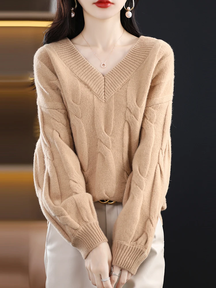 Autumn Winter Women’s Thick Cashmere V-neck Pullover 100% Merino Wool Sweater Twist Flower Loose Cashmere Warm Knitwear Tops New