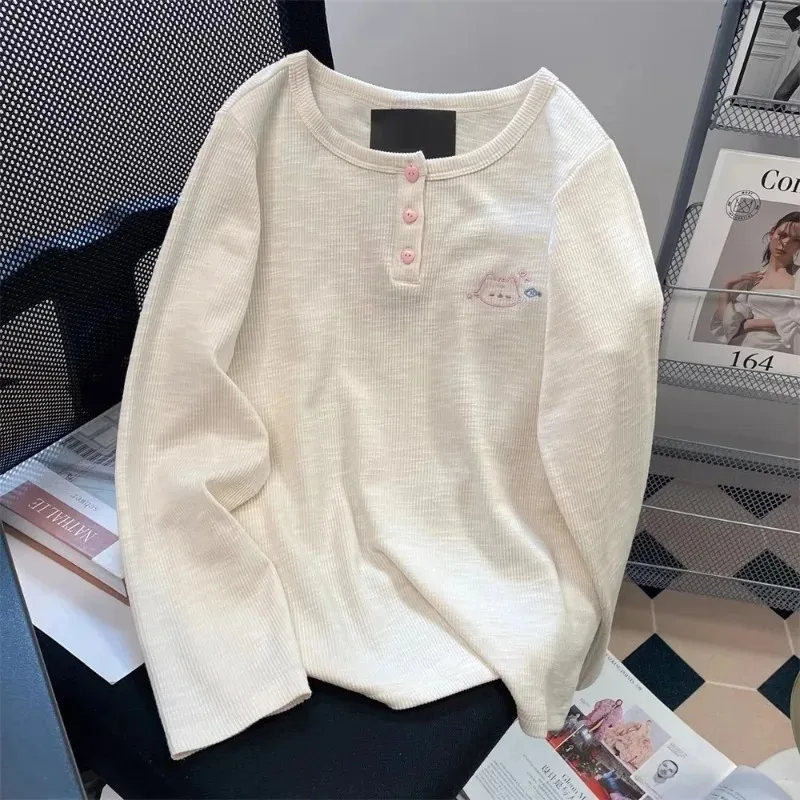 Camiseta feminina de manga comprida com nervuras de algodão slim fit gola redonda com 3 botões y2k doce fofo rosa camiseta primavera casual tops