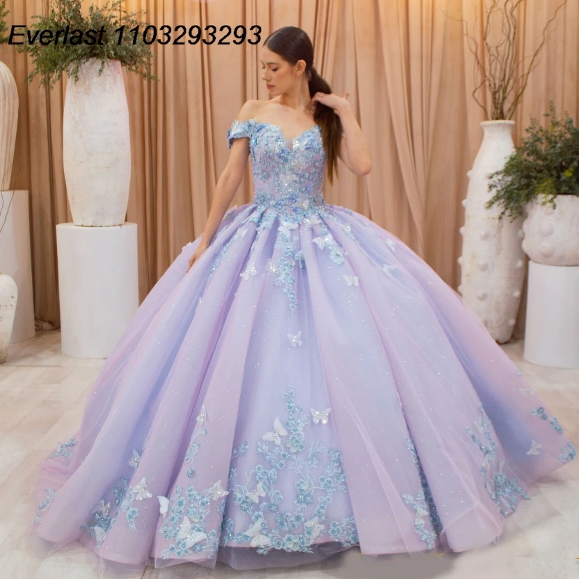 EVLAST Принцесса Лаванда бальное платье Quinceanera Кружевные Аппликации Бабочки конфетного цвета 16 Vestido De 15 лет TQD289