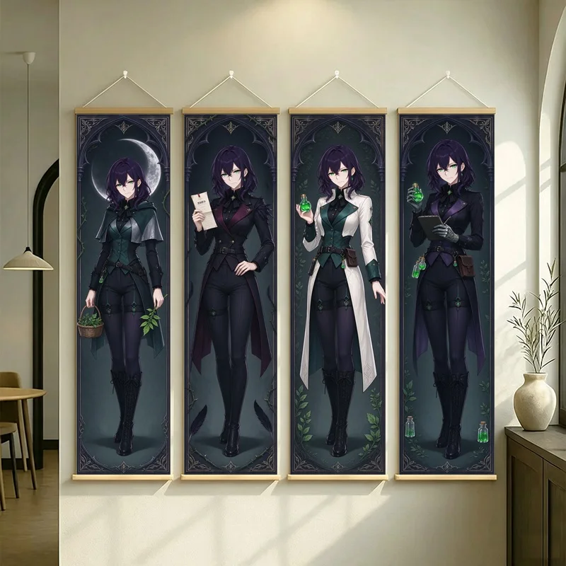 Black Haired Anime Women Hanging Scroll with Dark Fantasy Outfits and Emerald Green Accents for a Contemporary Home Office