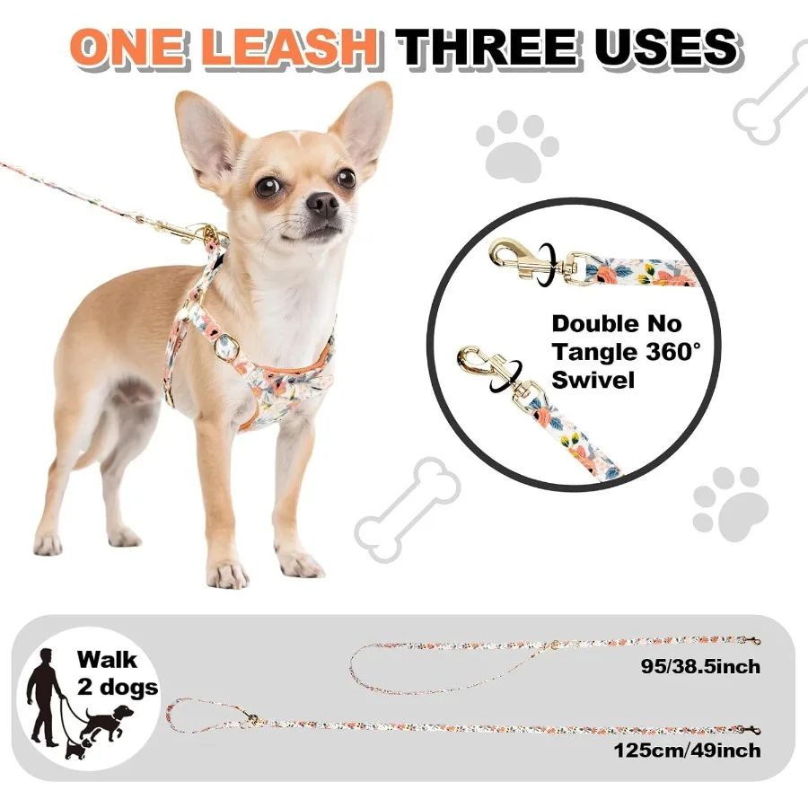 XXS الكلب تسخير والمقود مجموعة خفيفة الوزن الحيوانات الأليفة يسخر مع ربطة عنق لطيف الأزهار Patterdjustable الهروب برهان جرو سترة اضافية S