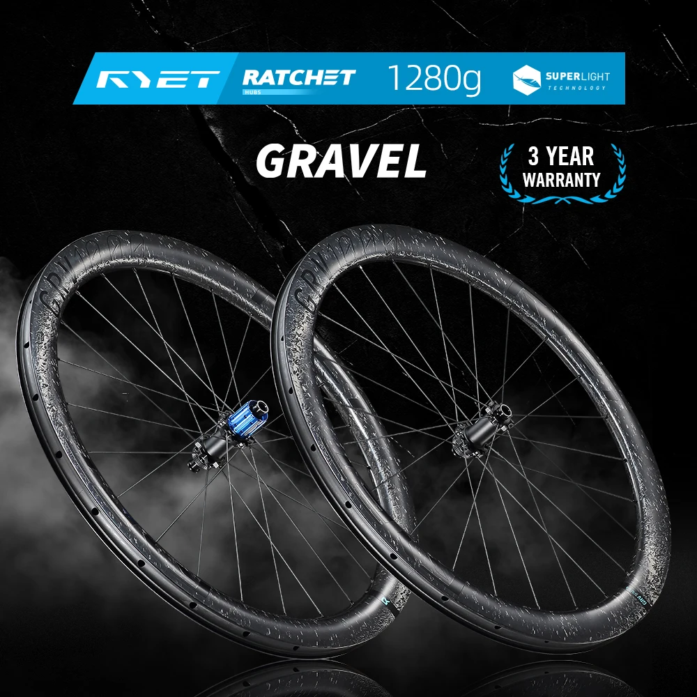 مجموعة عجلات كربون الحصى 1280 جرام من RYET 52T محور سقاطة من السيراميك المتحدث Superlight، قفل مركزي جاهز بدون أنابيب بعرض 32 مم