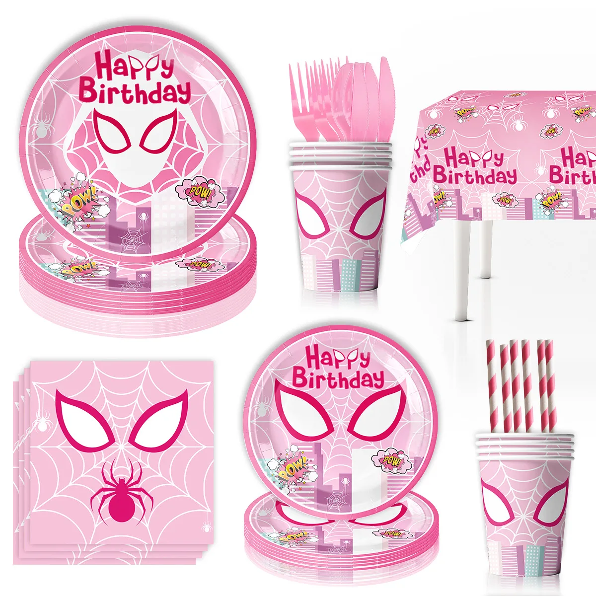 

Spider Man Gwen Theme Party Decoration Pink Spiderman Disposable Plates Cups Balloons for Girls Birthday Party Supplies