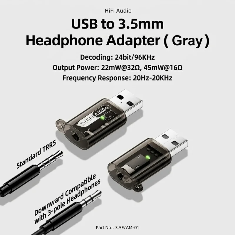 DT98 USB to 3.5mm HiFi Audio Adapter USB-A to TRRS Headphone Jack Converter External Sound Card for Laptop PC Transparent Black