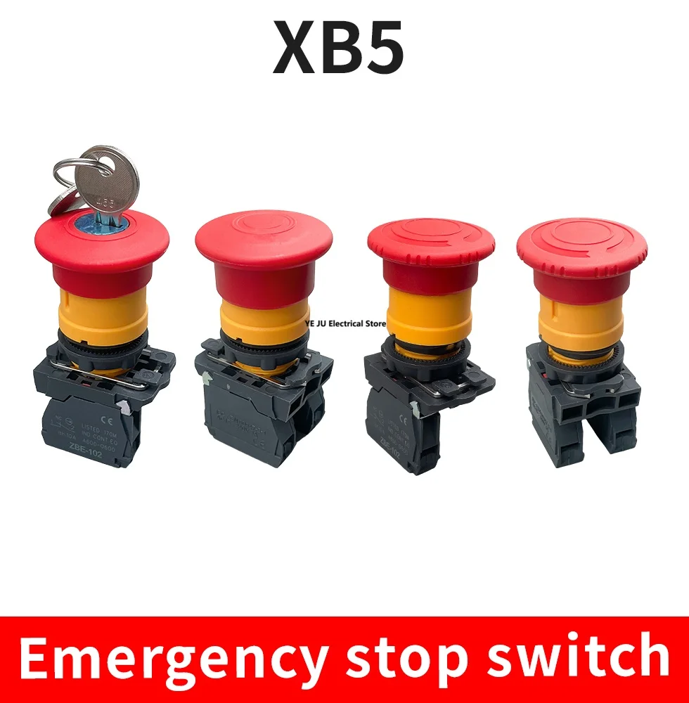 Xb5-142Key Emergency Stop Red Mushroom Head Button Switch Lock No Nc Lock Buckle Rotation Release Locking Reset
