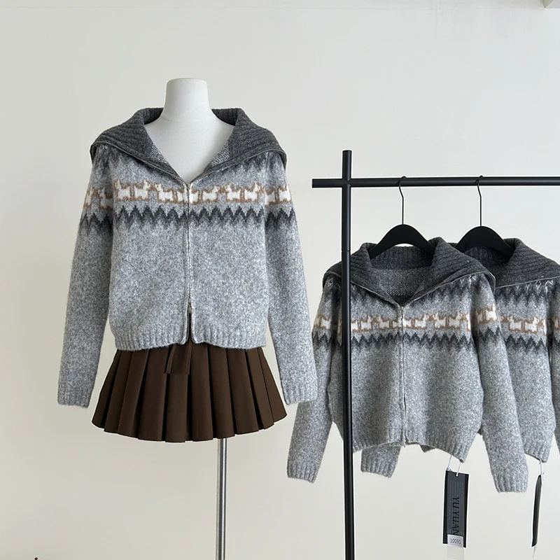 

Zip-up Fair Island Cardigan Women Long Sleeve Pocket Blend Sweater F/W Big Lapel Collar Short Knitwear Fashion Grey Knit Jacket