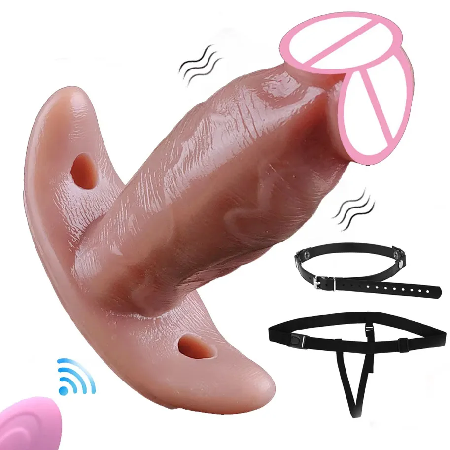 FAAK Strapon Silicone Anal Plug with Large Tail Wireless Control Vibrator Wearable Mouth Gag Realistic Dildos BDSM Sex Toys