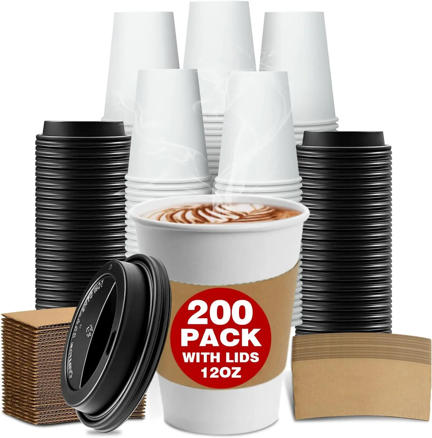 

200 Pack 12oz Thickened Disposable Paper Coffee Cups with Lids & Sleeves, Hot & Cold Beverage To-Go Cups