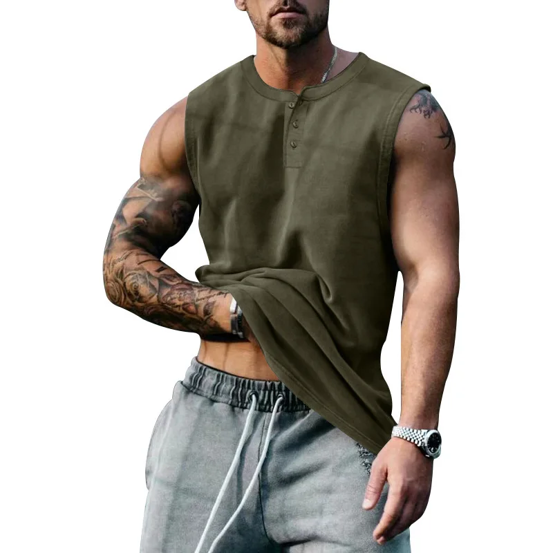2025 Summer Men's Sleeveless Fashion Casual Basketball Men's Tank Top Large Round Neck Slim Solid Color T-shirt Men's Tank Top - Image 4