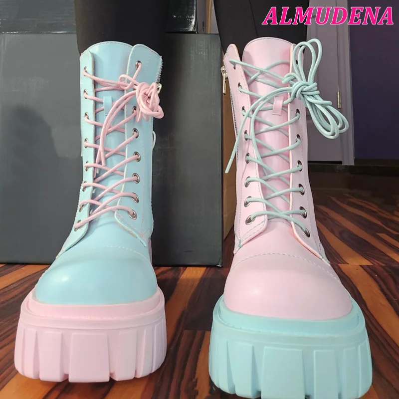 Pink and Blue Leather Lace up Ankle Boots Women's Sweet Cute Platform Women's Luxury Designer Big Size Party Causal Shoes