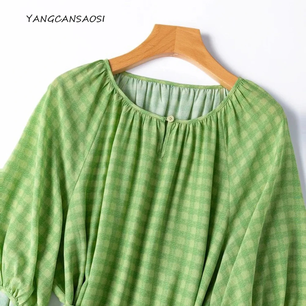 

Women's Autumn Cool Green Grid Skin Friendly 100% Natural Mulberry Silk Crepe De Chine Round Neck Lantern Sleeve Split Dress