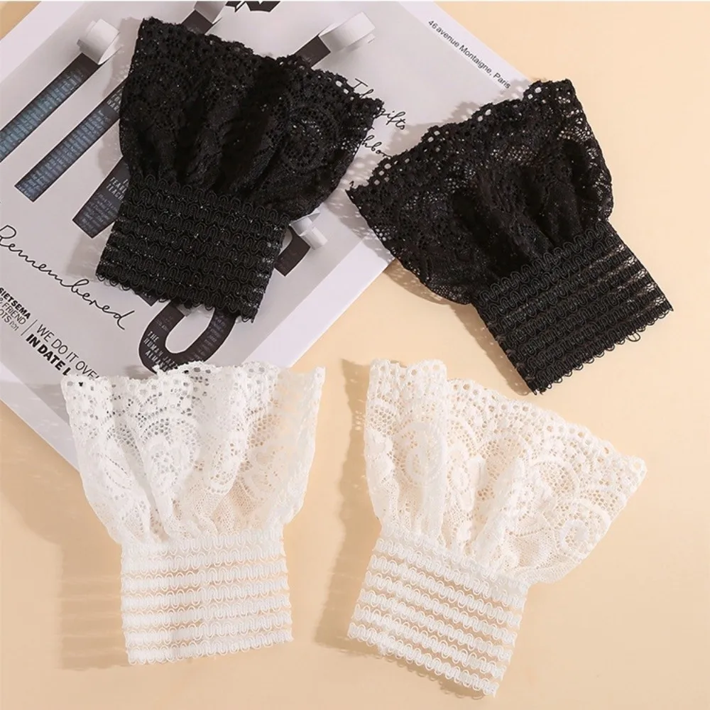 

1 Pair Versatile Elegant Fake Cuffs Detachable Solid Color False Cuffs Thin Embroidery Pattern Decorative Wristband For Women