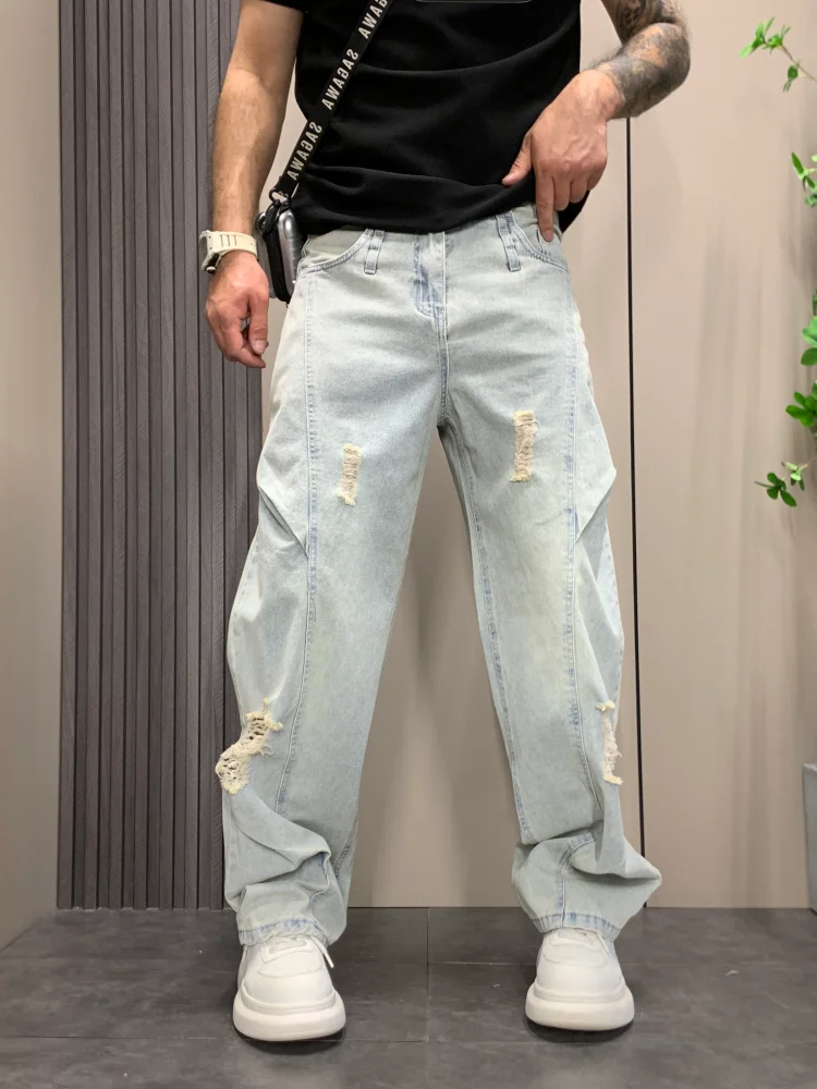

Washed White Ripped American Street Style Jeans Men's Summer Loose Straight Leg Cotton Polyester Blend Comfortable Breathable