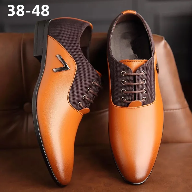 Classic Men Dress Shoes Lace-up PU Leather Shoes for Men Plus Size Point Toe Business Casual Men Formal Shoes for Wedding 2024