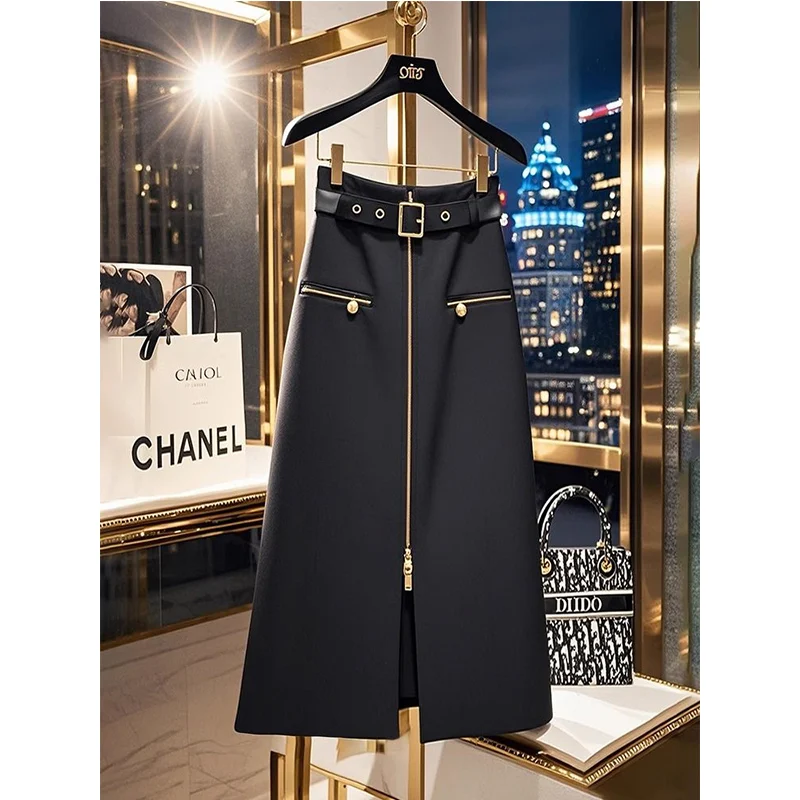 

2025 Autumn Winter New Temperament High Waist A-line Skirt Ladies Fashion Zipper Solid Color Slim Skirts Women's Clothing Dress