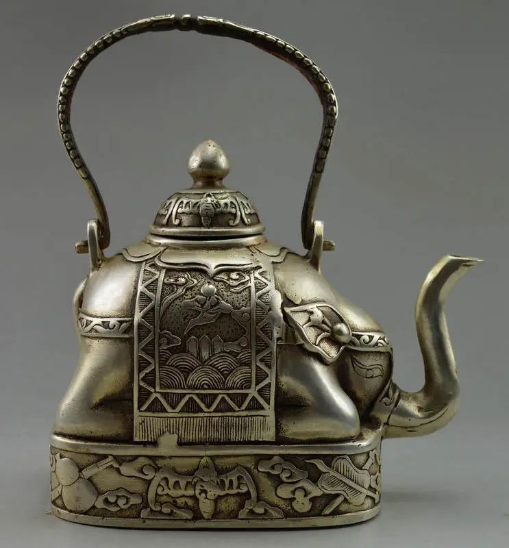Antique Excellent Handwork Miao Silver Carve Elephant Lucky Big Tea Pot Teapots