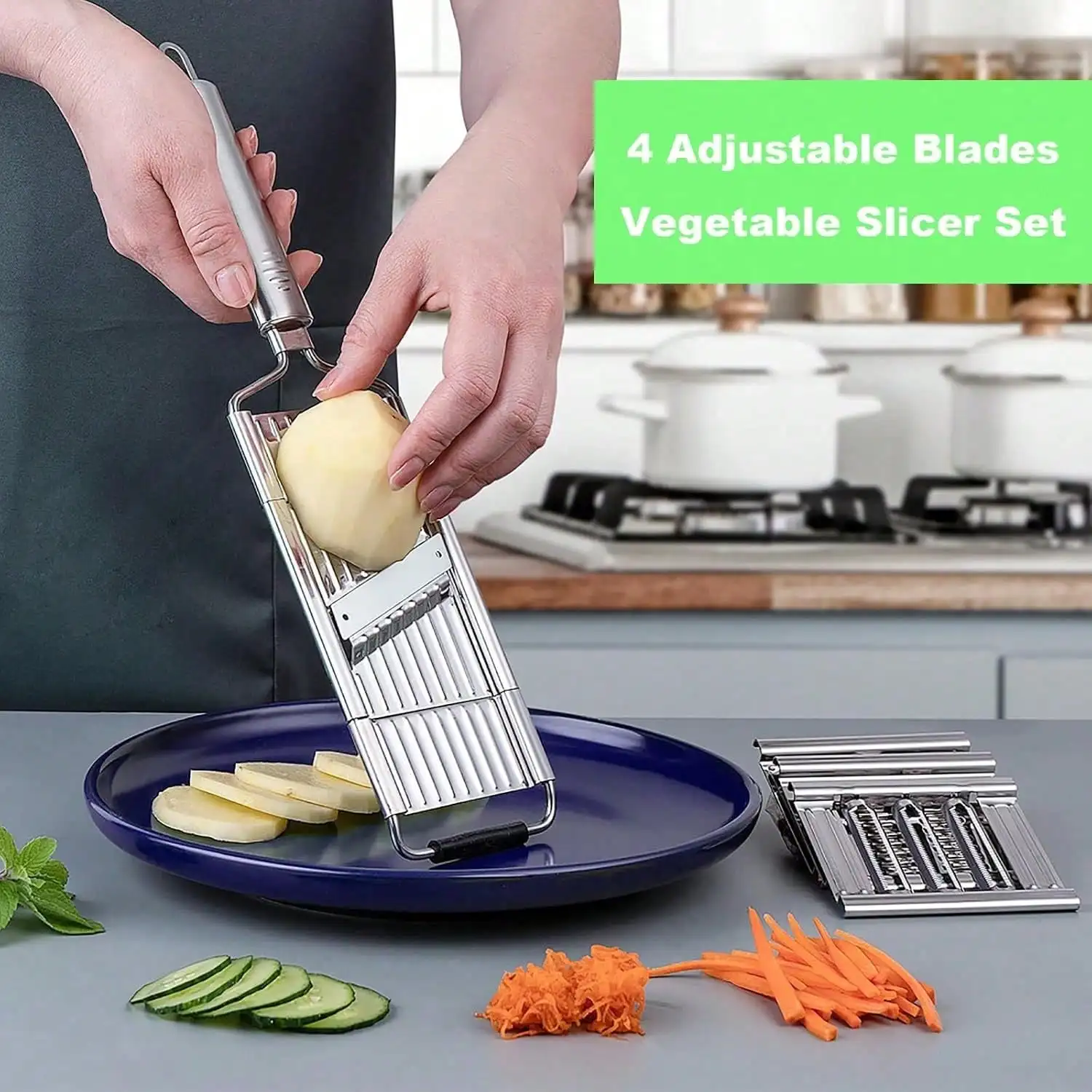 

4 In 1 Vegetable Cutter With Cheese Grater, Carrot Grater, Cabbage Shredder, Cucumber Slicer - Stainless Steel Mandoline Slicer For Kitchen