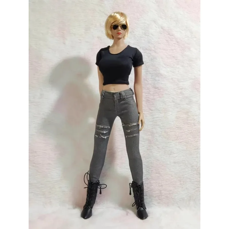 1/6 스케일 여성 군인 찢어진 타이트 핏 힙 허깅 진 라운드 넥 반팔 티셔츠 의류 모델 12인치 PH 토이즈 바디용