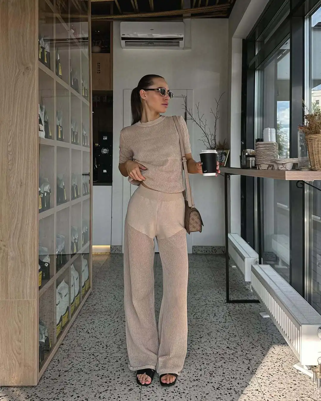 

Fashion Casual Straight Pants Outfit Spring Women Hollow Out O Neck Tops+High Waist Slim Wide Leg Pants Autumn Two Piece Set