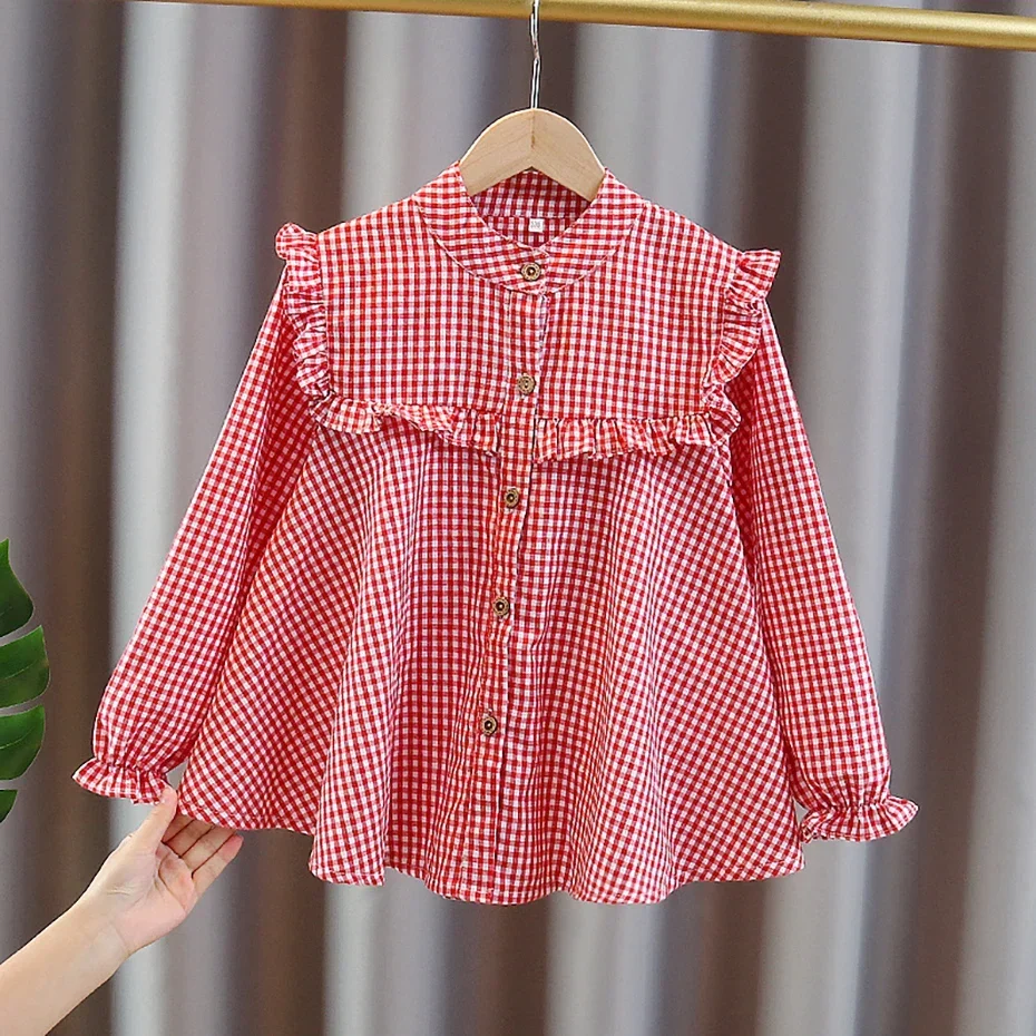 Girl's shirt Spring and Autumn children's long sleeved plaid shirt Youth casual bottom shirt 3-12 years old blouse  blouse