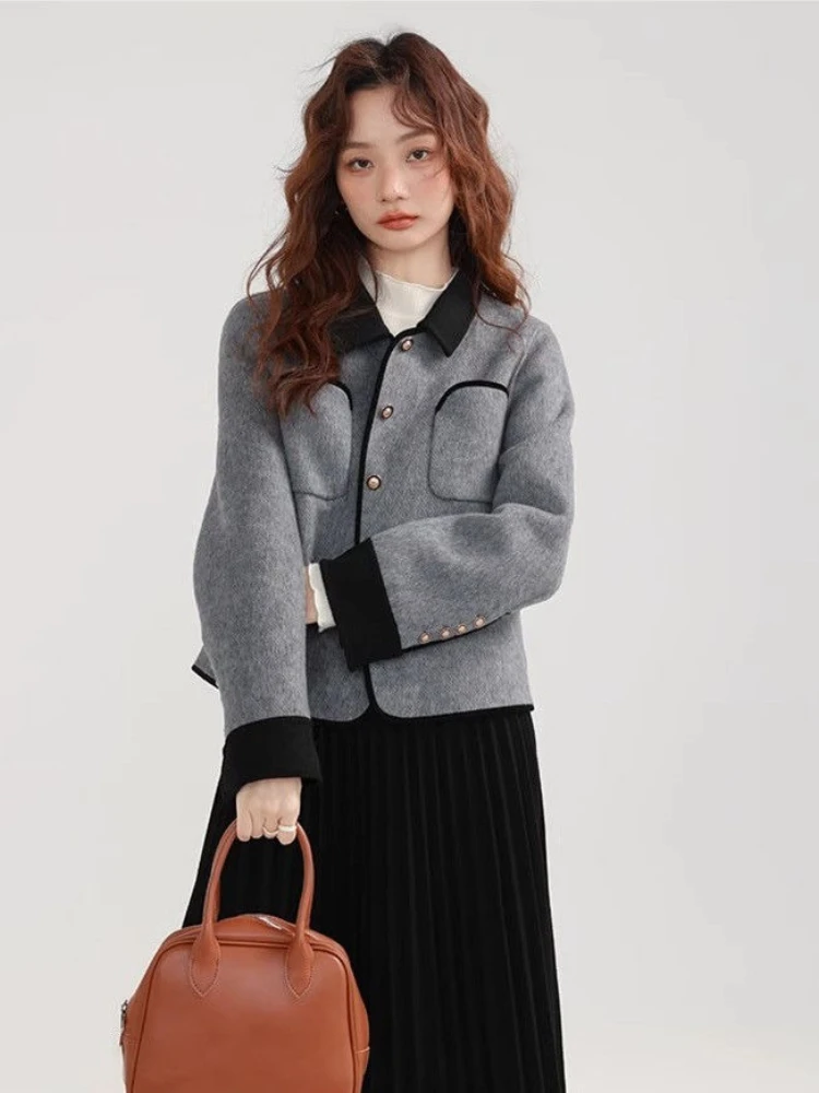 Women Autumn Winter Short Wool Coat Contrast Color Trendy Chic Elegant Casual Loose Fit Fleece Lined Warm Jacket Niche Design