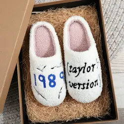 Music Idol 1989 Taylor Letter Embroidery Stuffed Home Thick Sole Plaid Fur Cotton Slippers Cute Warm Non-Slip Indoor Slippers Gift for Friends