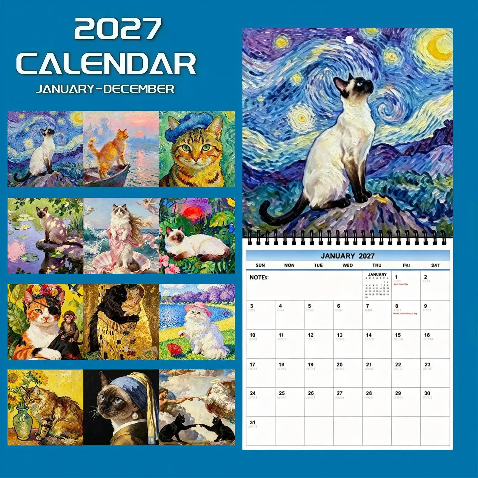 2027 Cat Calendar Coil Binding World Famous Painting Calendar 2027 Screaming Cat Animal Calendar Fun Cat Art Wall Calendar