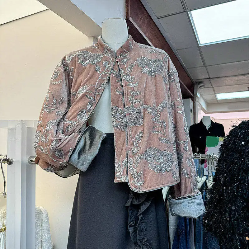 New Winter Women's Velvet Jacket with Single Button Placket And Floral Print Stand Collar Shiny Sequin Gold Velvet Top