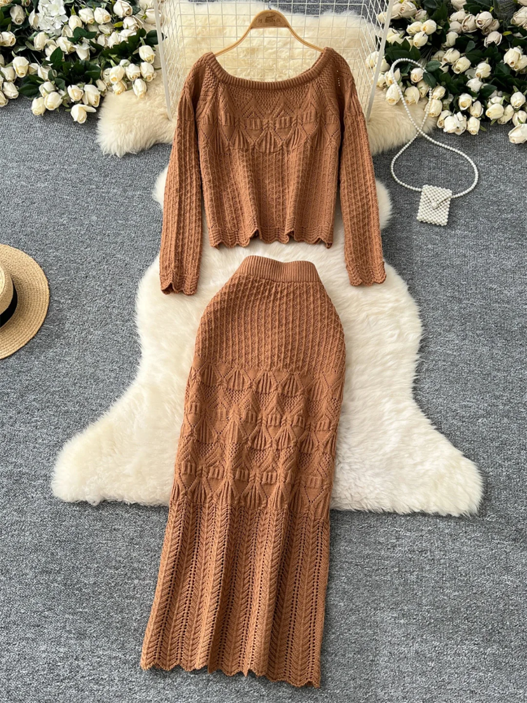 Croysier Skirts Sets Womens Outfits Cozy Casual Knitted Two Piece Set Women Cropped Sweater Pullover And Midi Skirt Co Ord Set